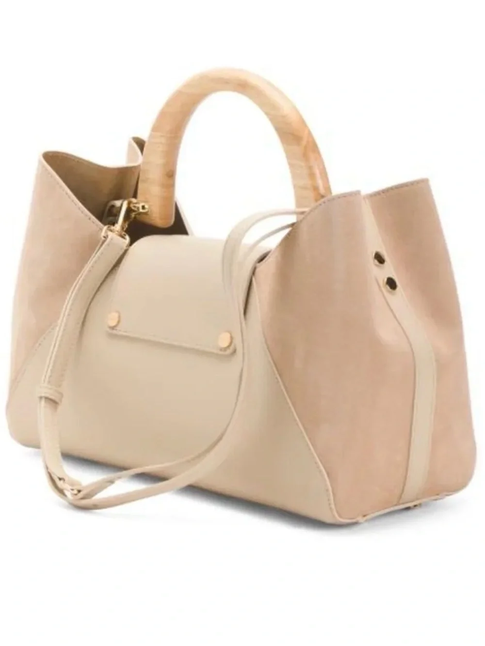 CLAUDIA Firenze Genuine Leather Beige/Cream Satchel Handbag with Wooden Handle